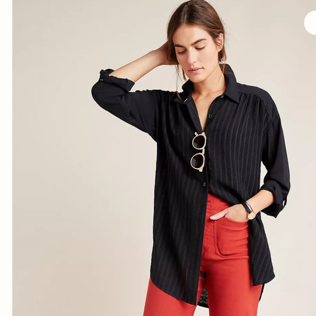 Anthropologie Isabel Roll Tab Long Sleeve Tunic Button Down Black Sz S